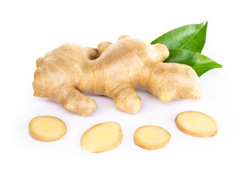 Fresh ginger root with sliced islolated on white background for herb and medical product concept