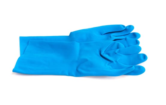 Blue rubber gloves for cleaning on white background, workhouse concept