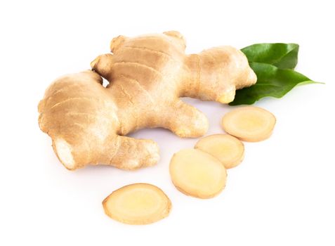 Fresh ginger root with sliced islolated on white background for herb and medical product concept