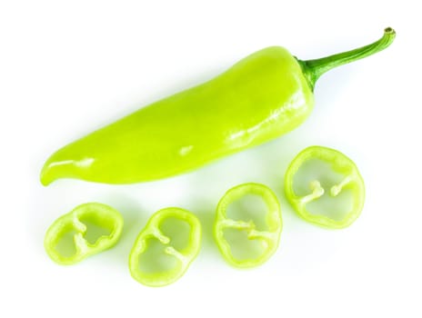 Closeup green chilli pepper on white background, raw food ingredient concept