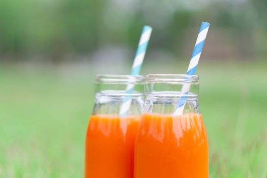 Closeup glass bottle of orange juice fruit on green grass nature background, food healthy concept