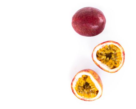 Closeup top view passion fruit with seed and haft  on white background, fruit for healthy concept