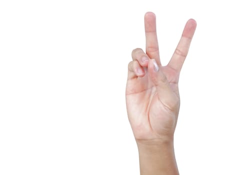 Man hand show V sign with white background with copy space