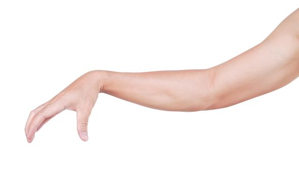 Man hands holding something on white background for product advertising concept