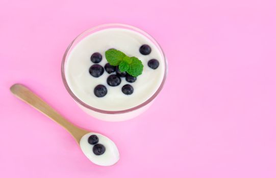 Close up yogurt with fresh blueberries  fruit in glass bowl  on pink background