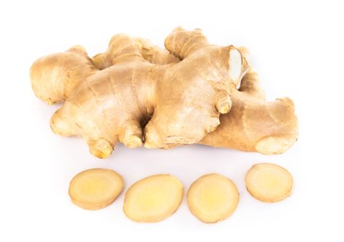 Fresh ginger root with sliced islolated on white background for herb and medical product concept