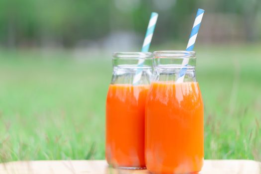 Closeup glass bottle of orange juice fruit on green grass nature background, food healthy concept