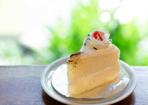 Closeup milk cake on wood table with green nature background, selective focus
