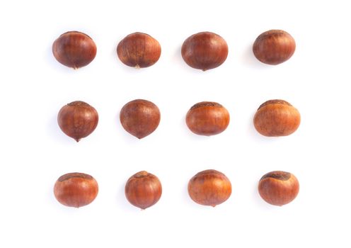 Closeup horse chestnuts isolated on white background,  healthy food concept