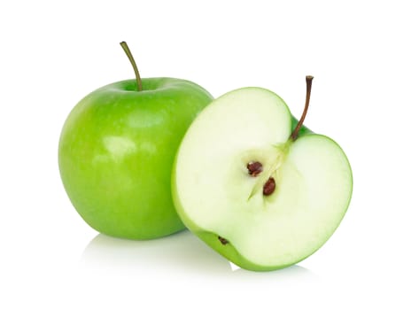 Closeup green apple with slice isolated on white background, fruit for healthy diet concept