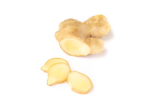 Fresh ginger root with sliced islolated on white background for herb and medical product concept