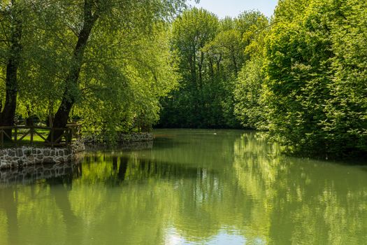 Calm and peaceful river in the park by Postojnska Jama in Slovenia