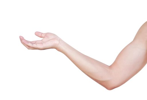 Man hands holding something on white background for product advertising concept