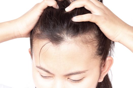 Woman serious hair loss problem for health care shampoo and beauty product concept, selective focus