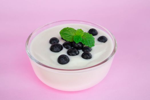 Close up yogurt with fresh blueberries  fruit in glass bowl  on pink background