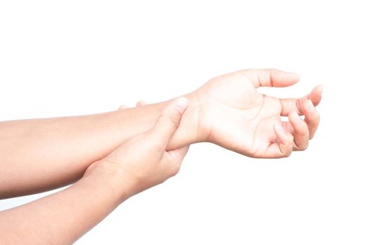 Woman with hand pain on white background, health care and medical concept