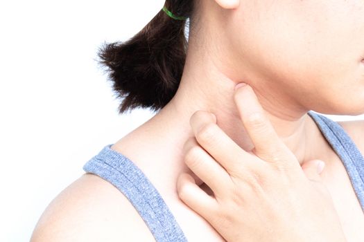 Closeup woman neck ache with white background