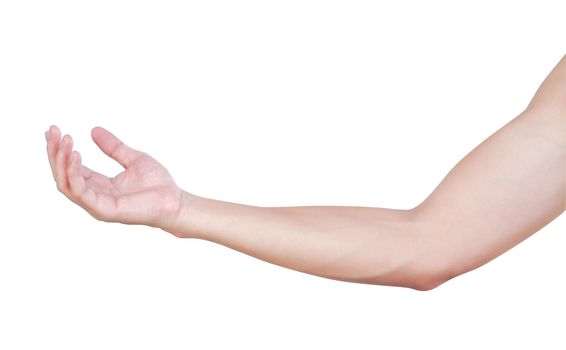 Man hands holding something on white background for product advertising concept