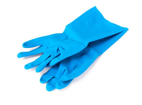 blue rubber gloves for cleaning on white background, workhouse concept