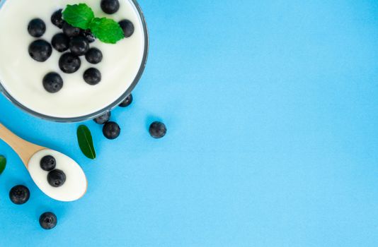 Close up yogurt with fresh blueberries  fruit in glass bowl  on blue background