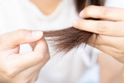 Woman serious hair loss problem for health care shampoo and beauty product concept