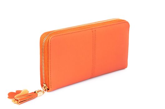 Closeup modern orange woman wallet fashion on white background