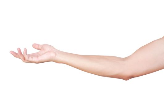 Man hands holding something on white background for product advertising concept