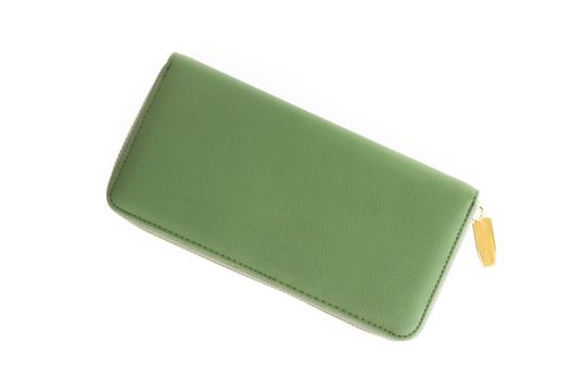 Closeup modern green woman wallet fashion on white background