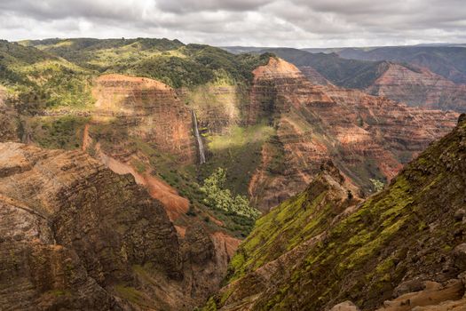 Colorful red rocks in the grand Waimea Canyon on the hawaiian island of Kauai