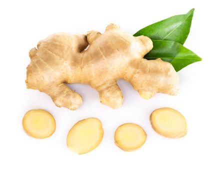 Fresh ginger root with sliced islolated on white background for herb and medical product concept