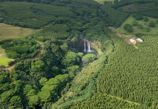 Aerial view of Opaeka'a Falls on hawaiian island of Kauai from helicopter flight