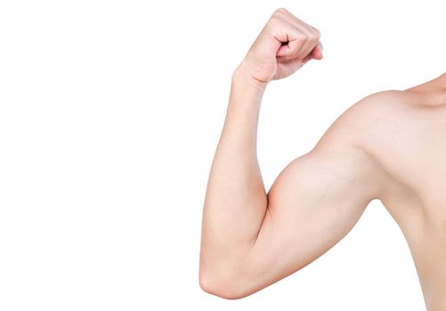 Asian man show arm with bicep isolated on white background, health care and medical concept