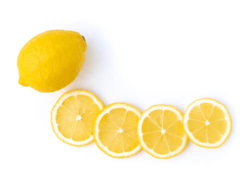 Closeup fresh lemon fruit slice isolated on white background, food and healthy concept