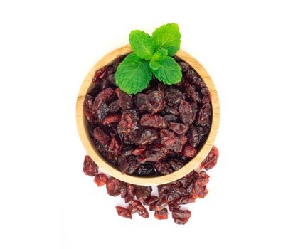 Dried canberry mix blueberry fruit in wood bowl isolated on white backgroud, food healty diet