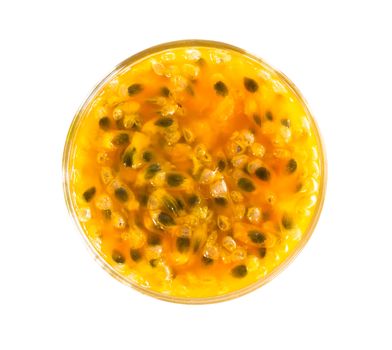 Top view glass of passion fruit juice isolated on white background, food healthy concept 