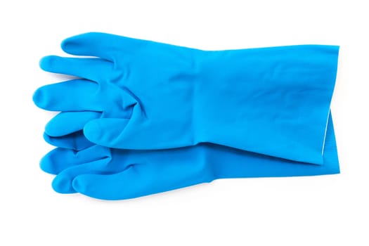 blue rubber gloves for cleaning on white background, workhouse concept