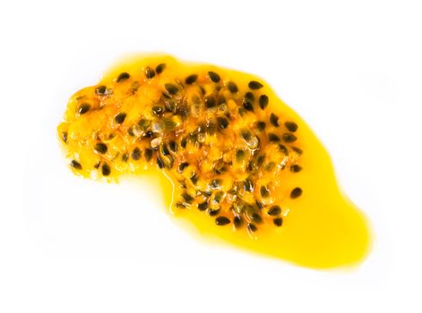 Closeup top view passion fruit seed on white background, fruit for healthy concept