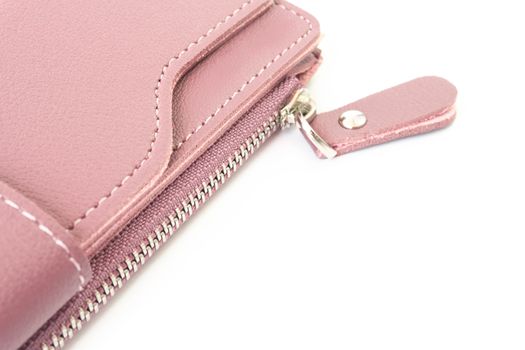 Closeup modern pink woman wallet fashion on white background