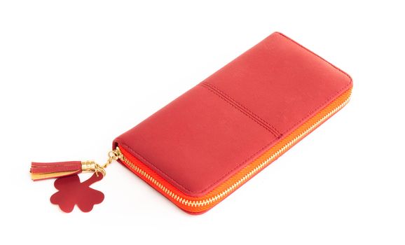 Closeup modern red woman wallet fashion on white background