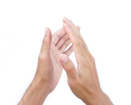 Man clapping hands on white background