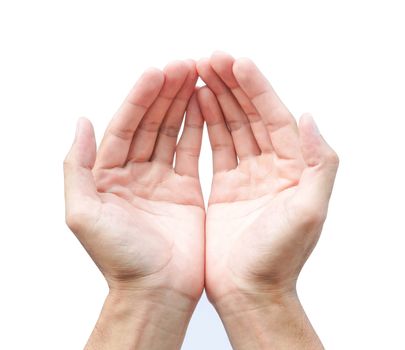 Man hands holding something on white background for product advertising concept