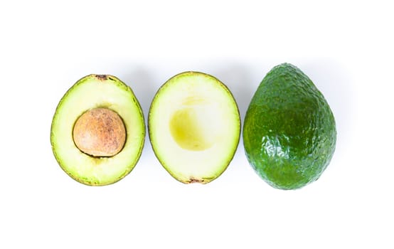 Top view fresh ripe avocado fruit isolated on white background with copy space, healthy food concept