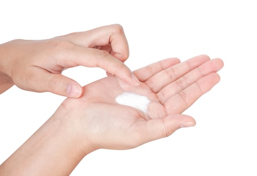 Woman hand applying on hand with white background