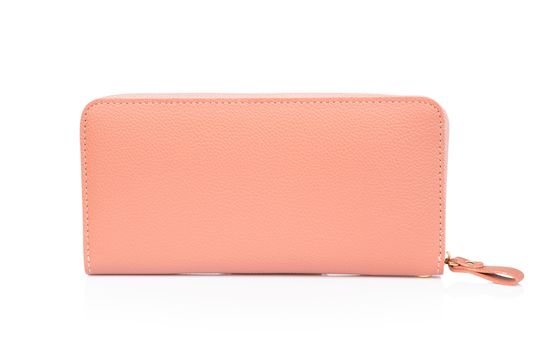 Closeup modern orange woman wallet fashion on white background