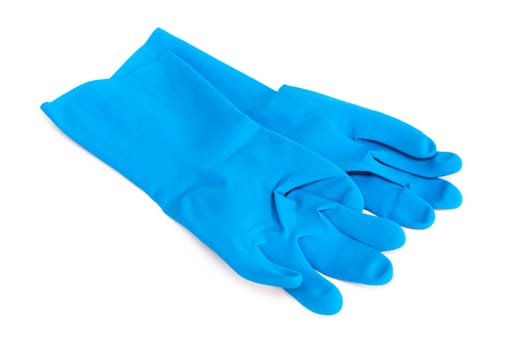 blue rubber gloves for cleaning on white background, workhouse concept