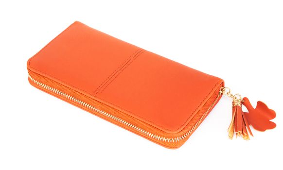 Closeup modern orange woman wallet fashion on white background