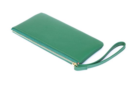 Closeup modern green woman wallet fashion on white background