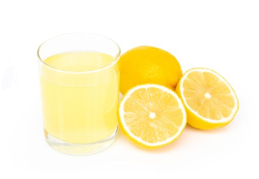 Closeup glass of lemon juice drink isolated on white background, food heathy concept