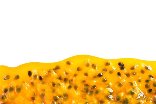 Closeup top view passion fruit seed on white background with copy space, fruit for healthy concept