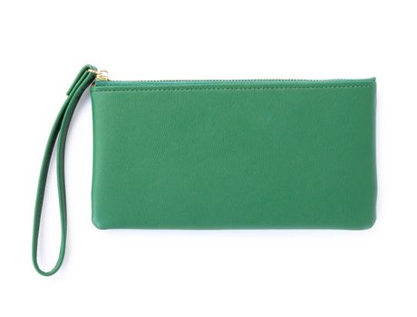 Closeup modern green woman wallet fashion on white background